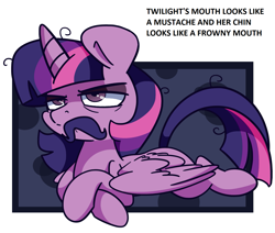 Size: 1497x1271 | Tagged: safe, artist:lou, edit, edited edit, imported from derpibooru, twilight sparkle, alicorn, pony, :c, >:c, angry, cute, edit of an edit of an edit, facial hair, female, frown, grumpy, grumpy twilight, madorable, moustache, solo, text, twilight sparkle (alicorn)