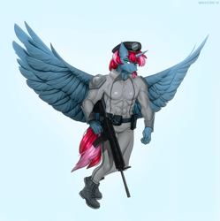 Size: 1197x1200 | Tagged: safe, artist:margony, imported from derpibooru, oc, oc:somnus, alicorn, anthro, plantigrade anthro, alicorn oc, assault rifle, boots, clothes, gun, hat, hk416, large wings, rifle, shoes, smiling, weapon, wings
