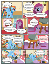 Size: 612x792 | Tagged: safe, artist:newbiespud, edit, edited screencap, imported from derpibooru, screencap, mr. turnip, pinkamena diane pie, pinkie pie, rainbow dash, rocky, earth pony, pegasus, pony, comic:friendship is dragons, party of one, angry, bucket, cake, comic, dialogue, female, flying, food, frown, grin, hat, hooves, insanity, looking down, looking up, mare, party hat, screencap comic, smiling, spread wings, stool, under the table, wings