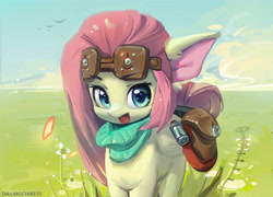 Size: 5120x3685 | Tagged: safe, artist:lmgchikess, imported from derpibooru, fluttershy, pegasus, pony, cute, ear fluff, female, folded wings, goggles, looking at you, mare, open mouth, outdoors, saddle bag, shyabetes, smiling, solo, standing, three-quarter view, wings