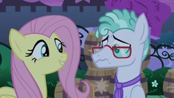 Size: 1920x1080 | Tagged: safe, imported from derpibooru, screencap, feather flatterfly, fluttershy, pegasus, pony, the summer sun setback, duo, female, glasses, male, mare, necktie, stallion, wavy mouth