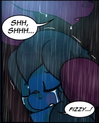 Size: 1145x1421 | Tagged: safe, artist:dsana, edit, imported from derpibooru, fizzlepop berrytwist, tempest shadow, oc, oc:lullaby dusk, pegasus, pony, comic:a storm's lullaby, comforting, cropped, crying, eyes closed, hug, scared, storm, tears of fear