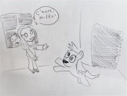 Size: 1280x960 | Tagged: safe, artist:dex stewart, imported from derpibooru, derpy hooves, human, pegasus, pony, food, friday the 13th, friday the 13th part 2, ginny, jason voorhees, monochrome, muffin, parody, scene parody, traditional art