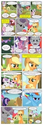Size: 791x2312 | Tagged: safe, artist:lyntermas, artist:newbiespud, edit, edited screencap, imported from derpibooru, screencap, apple bloom, applejack, fluttershy, pinkie pie, rainbow dash, rarity, sweetie belle, twilight sparkle, pony, unicorn, comic:friendship is dragons, angry, apple, bow, bucket, clothes, clothespin, collaboration, comic, dialogue, female, filly, flying, food, freckles, hair bow, happy, hat, horn, horn impalement, jumping, mane six, mare, raised hoof, sad, screencap comic, smiling, sonic rainboom, unicorn twilight