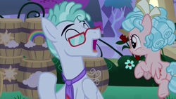 Size: 1920x1080 | Tagged: safe, imported from derpibooru, screencap, cozy glow, feather flatterfly, pegasus, pony, the summer sun setback, barrel, butt, cozy glutes, duo, female, filly, glasses, male, necktie, plot, stallion
