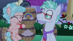 Size: 1920x1080 | Tagged: safe, imported from derpibooru, screencap, cozy glow, feather flatterfly, pegasus, pony, the summer sun setback, barrel, card, duo, female, filly, glasses, male, necktie, stallion