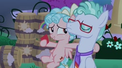 Size: 1920x1080 | Tagged: safe, imported from derpibooru, screencap, cozy glow, feather flatterfly, pegasus, pony, the summer sun setback, barrel, card, duo, female, filly, glasses, male, necktie, stallion