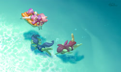 Size: 3445x2067 | Tagged: safe, artist:holivi, imported from derpibooru, apple bloom, scootaloo, sweetie belle, anthro, earth pony, pegasus, unicorn, clothes, cute, cutie mark crusaders, eyes closed, fantasizing, female, floaty, inflatable, ocean, swimming, swimsuit, underwater