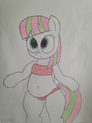 Size: 3264x2448 | Tagged: safe, artist:rainbowšpekgs, imported from derpibooru, blossomforth, pegasus, pony, adoraforth, adorasexy, background pony, belly button, bipedal, bra, chubby, clothes, cute, drawing, female, freckles, no cutie marks because im lazy, panties, red underwear, sexy, simple background, solo, traditional art, underwear, white background