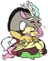 Size: 793x1008 | Tagged: safe, artist:ak4neh, imported from derpibooru, discord, fluttershy, draconequus, pegasus, pony, blushing, couple, cuddling, cute, discoshy, discute, eyes closed, female, floppy ears, heart, male, mare, shipping, shyabetes, simple background, straight, white background