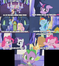 Size: 1780x1976 | Tagged: safe, edit, edited screencap, imported from derpibooru, screencap, applejack, pinkie pie, rainbow dash, rarity, spike, twilight sparkle, alicorn, dragon, the last laugh, applejack's hat, chinese, comic, cowboy hat, hat, meme, screencap comic, text, text edit, throne room, twilight sparkle (alicorn), twilight's castle, winged spike, wings