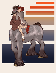 Size: 2550x3300 | Tagged: safe, artist:blackblood-queen, imported from derpibooru, oc, oc only, oc:aleyn, oc:ciara, anthro, centaur, taur, unguligrade anthro, anthro centaur, anthro oc, blushing, clothes, couple, crossed arms, dilf, female, hug, husband and wife, male, married couple, ponytaur, selkie, species swap, sweater