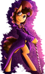 Size: 923x1500 | Tagged: safe, artist:jamescorck, imported from derpibooru, cheese sandwich, earth pony, pony, the last laugh, bipedal, cane, clothes, coat, cosplay, costume, hat, male, roald dahl, solo, top hat, willy wonka, willy wonka and the chocolate factory