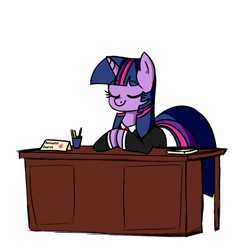 Size: 1300x1300 | Tagged: safe, artist:colorful-horses, artist:syrupyyy, imported from derpibooru, twilight sparkle, pony, unicorn, businessmare, clothes, cute, desk, eyes closed, female, gendo pose, mare, solo, suit, twiabetes, unicorn twilight