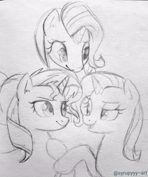 Size: 2558x3056 | Tagged: safe, artist:colorful-horses, artist:syrupyyy, imported from derpibooru, starlight glimmer, sunset shimmer, trixie, pony, unicorn, female, looking at each other, magical trio, mare, monochrome, open mouth, pencil drawing, raised hoof, signature, sketch, smiling, traditional art