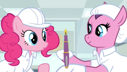Size: 1920x1080 | Tagged: safe, imported from derpibooru, screencap, lavender flask, pinkie pie, earth pony, pony, the last laugh, booties, clothes, discovery family logo, factory, female, fountain pen, gag factory, hard hat, lab coat, laboratory, mare, pen, smiling
