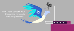 Size: 702x301 | Tagged: safe, artist:parclytaxel, imported from derpibooru, dj pon-3, vinyl scratch, bird, phoenix, birdified, cropped, dialogue, female, flying, musical instrument, simple background, solo, species swap, theremin, transformation, transformed