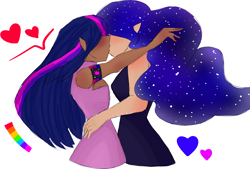 Size: 4275x2894 | Tagged: safe, artist:thatgreypeanut, imported from derpibooru, princess luna, twilight sparkle, human, arm behind head, blushing, boob window, clothes, dark skin, dress, ethereal mane, female, hand on waist, heart, humanized, kissing, lesbian, lgbt headcanon, moderate dark skin, pony ears, rainbow, self harm scars, shipping, side view, starry mane, twiluna