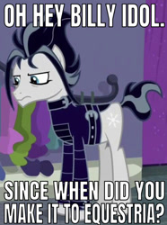 Size: 640x861 | Tagged: safe, edit, edited screencap, editor:undeadponysoldier, imported from derpibooru, screencap, snow hope, earth pony, pony, fake it 'til you make it, billy idol, caption, cropped, goth, gothic eyeliner, image macro, makeup, male, meme, stallion, text