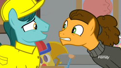 Size: 1920x1080 | Tagged: safe, imported from derpibooru, screencap, cheese sandwich, earth pony, pony, the last laugh, alternate hairstyle, clothes, discovery family logo, eye contact, factory, gag factory, hard hat, lab coat, leaning, looking at each other, male, nervous, nervous laugh, stallion, stretch, sweater, uncomfortable, uniform