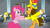 Size: 1920x1080 | Tagged: safe, imported from derpibooru, screencap, banana mash, cheese sandwich, lavender chuckle, pinkie pie, pony, the last laugh, background pony, bipedal, clothes, dancing, discovery family logo, duo focus, eye contact, factory, female, gag factory, hat, looking at each other, male, mare, stallion, top hat, tuxedo, unnamed character, unnamed pony