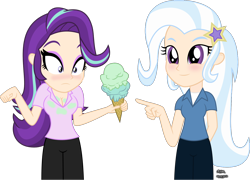 Size: 1370x988 | Tagged: safe, artist:anime-equestria, imported from derpibooru, starlight glimmer, trixie, human, equestria girls, alternate hairstyle, blushing, breasts, busty starlight glimmer, cleavage, clothes, dropped ice cream, duo, embarrassed, eyeshadow, food, human coloration, ice cream, makeup, pointing, shirt, simple background, smiling, transparent background, vector