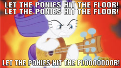 Size: 640x361 | Tagged: safe, edit, edited screencap, editor:undeadponysoldier, imported from derpibooru, screencap, rarity, pony, unicorn, honest apple, angry, badass, bodies, caption, discovery family logo, drowning pool, female, fire, guitar, guitarity, heavy metal, image macro, let the bodies hit the floor, lyrics, mare, musical instrument, parody, solo, song reference, text