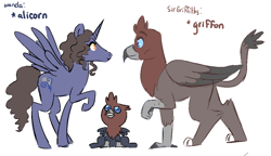 Size: 1020x587 | Tagged: safe, artist:jadeyarts, imported from derpibooru, alicorn, griffon, hippogriff, pony, alicornified, baby griffon, clay moorington, crossover, griffonized, hippogriffied, lego, looking up, nexo knights, offspring, ponified, race swap, sir griffiths, species swap, wanda moorington