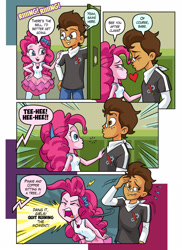 Size: 1859x2554 | Tagged: safe, artist:art-2u, imported from derpibooru, pinkie pie, oc, oc:copper plume, comic:the copperpie chronicles, equestria girls, equestria girls series, about to kiss, angry, blushing, bow, canon x oc, canterlot high, clothes, comic, commission, commissioner:imperfectxiii, copperpie, embarrassed, female, freckles, geode of sugar bombs, glasses, imminent kissing, impending kiss, implied humane six, interrupted, jeans, laughing, lockers, magical geodes, male, neckerchief, pants, pantyhose, shipping, shirt, shoop da whoop, skirt, straight, yelling