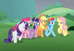 Size: 1054x720 | Tagged: safe, imported from derpibooru, screencap, applejack, fluttershy, pinkie pie, rainbow dash, rarity, spike, twilight sparkle, alicorn, dragon, earth pony, pegasus, pony, unicorn, the ending of the end, leak, cropped, female, male, mane seven, mane six, sad, series finale, the end, twilight sparkle (alicorn), winged spike, wings