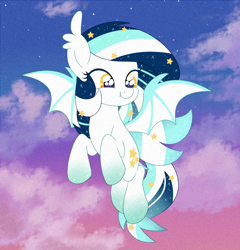 Size: 858x895 | Tagged: safe, artist:owlity, imported from derpibooru, oc, oc only, oc:wistful galaxy, bat pony, pony, bat pony oc, female, flying, mare, smiling, solo, sunset