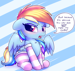 Size: 2650x2500 | Tagged: safe, artist:heavymetalbronyyeah, imported from derpibooru, rainbow dash, pegasus, pony, blatant lies, blushing, cheek fluff, chest fluff, clothes, cute, daaaaaaaaaaaw, dashabetes, ear fluff, eyeshadow, female, hnnng, i'm not cute, leg fluff, looking at you, makeup, pink socks, rainbow dash always dresses in style, shoulder fluff, socks, solo, speech bubble, striped socks, tsunderainbow, tsundere, wing fluff