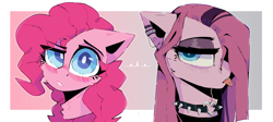 Size: 4000x1785 | Tagged: safe, artist:dino_horse, imported from derpibooru, pinkie pie, earth pony, pony, blushing, choker, collar, cute, diapinkes, duality, piercing, pinkamena diane pie, punk, ring, simple background, tongue out, tongue piercing, wingding eyes