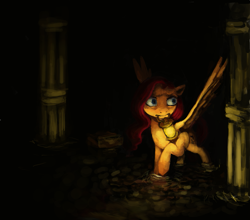 Size: 2419x2127 | Tagged: safe, artist:misstwipietwins, imported from derpibooru, fluttershy, pegasus, pony, fanfic:deep down in the dungeon walls, amnesia the dark descent, amnesia: the dark descent, column, crossover, fanfic art, lantern, mouth hold, solo, water