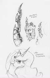 Size: 2199x3411 | Tagged: safe, artist:dilarus, deleted from derpibooru, imported from derpibooru, princess celestia, queen chrysalis, alicorn, changeling, changeling queen, pony, female, horn, jewelry, mare, monochrome, regalia, simple background, traditional art, white background