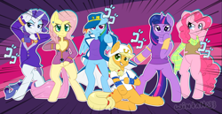 Size: 4545x2338 | Tagged: safe, artist:wintah33, imported from derpibooru, applejack, fluttershy, pinkie pie, rainbow dash, rarity, twilight sparkle, pony, clothes, cosplay, costume, crossover, fluttergio, giorno giovanna, johnny joestar, jojo pose, jojo's bizarre adventure, jonathan joestar, joseph joestar, josuke higashikata, jotaro kujo, mane six