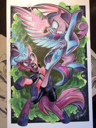 Size: 1536x2048 | Tagged: safe, artist:andypriceart, imported from derpibooru, tempest shadow, twilight sparkle, alicorn, pony, unicorn, armor, badass, bite mark, blood, broken horn, commission, duo, eye scar, female, fight, flying, glowing horn, hoof shoes, horn, injured, mare, rearing, scar, sparking horn, traditional art, twilight sparkle (alicorn)