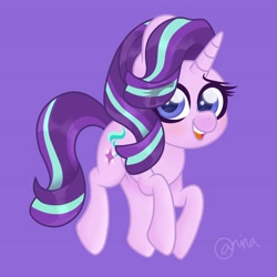 Size: 2182x2185 | Tagged: safe, artist:ninnydraws, imported from derpibooru, starlight glimmer, pony, unicorn, cute, female, full body, fullbody, glimmerbetes, high res, looking at you, mare, open mouth, purple background, simple background, smiling, solo