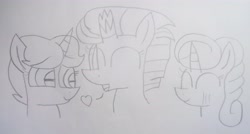 Size: 4592x2469 | Tagged: safe, artist:徐詩珮, imported from derpibooru, fizzlepop berrytwist, glitter drops, spring rain, tempest shadow, pony, unicorn, broken horn, female, glittershadow, horn, lesbian, lineart, mare, polyamory, shipping, springdrops, springshadow, springshadowdrops, traditional art
