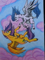 Size: 1620x2160 | Tagged: safe, artist:tichiro, imported from derpibooru, oc, oc only, oc:bloodyshy, oc:tichiro thunderline, pegasus, pony, dock, flying, oc x oc, shipping, traditional art, wings