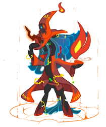 Size: 1811x2156 | Tagged: safe, artist:qazy, imported from derpibooru, queen chrysalis, changeling, changeling queen, semi-anthro, /mlp/, 4chan, belt, bipedal, ear piercing, earring, female, fire, gold, hat, hoof shoes, jewelry, mage, magic, magic circle, necklace, open mouth, piercing, smol, wizard hat