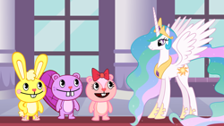 Size: 1986x1117 | Tagged: safe, artist:kaplanboys214, imported from derpibooru, princess celestia, alicorn, beaver, chipmunk, pony, rabbit, animal, cuddles (happy tree friends), giggles (happy tree friends), happy tree friends, this will end in death, this will end in pain, this will end in tears, this will end in tears and/or death, this will not end well, toothy, toothy (happy tree friends)