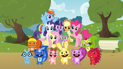 Size: 1982x1117 | Tagged: safe, artist:kaplanboys214, imported from derpibooru, applejack, fluttershy, pinkie pie, rainbow dash, rarity, spike, twilight sparkle, alicorn, anteater, beaver, chipmunk, porcupine, rabbit, skunk, squirrel, animal, bench, cuddles (happy tree friends), flaky, giggles (happy tree friends), handy, happy tree friends, mane seven, mane six, nutty, petunia (happy tree friends), sniffles (happy tree friends), this will end in death, this will end in pain, this will not end well, toothy, tree, twilight sparkle (alicorn)