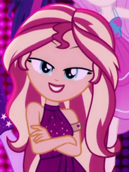 Size: 480x640 | Tagged: safe, edit, edited screencap, imported from derpibooru, screencap, fluttershy, sci-twi, sunset shimmer, twilight sparkle, equestria girls, equestria girls series, i'm on a yacht, spoiler:eqg series (season 2), cropped, lipstick, neon eg logo, offscreen character, sleeveless, solo focus