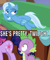 Size: 642x774 | Tagged: safe, edit, edited screencap, editor:undeadponysoldier, imported from derpibooru, screencap, spike, trixie, twilight sparkle, friendship is magic, road to friendship, female, male, meme, reference, shipping, spixie, spongebob squarepants, straight, the spongebob squarepants movie