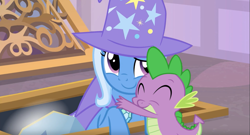 Size: 1917x1037 | Tagged: safe, edit, edited screencap, imported from derpibooru, screencap, spike, trixie, the ending of the end, leak, female, male, shipping, spixie, straight