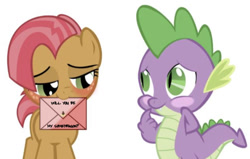 Size: 1034x657 | Tagged: safe, edit, edited edit, editor:undeadponysoldier, imported from derpibooru, babs seed, spike, dragon, earth pony, pony, babspike, blush sticker, blushing, cute, envelope, female, filly, freckles, hearts and hooves day, love letter, male, mouth hold, shipping, straight