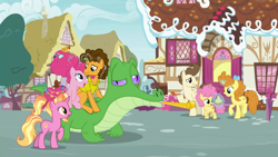 Size: 1920x1080 | Tagged: safe, imported from derpibooru, screencap, cheese sandwich, gummy, li'l cheese, luster dawn, pinkie pie, pound cake, pumpkin cake, alligator, earth pony, pegasus, pony, unicorn, season 9, the last problem, adventure in the comments, cake twins, canon ship, cheese sandwich riding gummy, cheesepie, cuddling, female, filly, glowing horn, horn, husband and wife, it happened, looking at each other, magic, male, mare, older, older gummy, older pound cake, older pumpkin cake, open mouth, party horn, pinkie pie riding gummy, ponies riding gators, pony history, riding, shipping, siblings, stallion, straight, telekinesis, twins