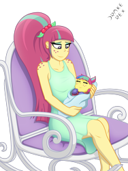 Size: 1500x2000 | Tagged: safe, artist:drake-rex, imported from derpibooru, sour sweet, oc, oc:citrus flare, equestria girls, baby, clothes, commission, cute, dress, female, freckles, long hair, momma sour sweet, mother, mother and daughter, offspring, parent:oc:sparks, parent:sour sweet, parents:canon x oc, parents:sourks, rocking chair, shoulder freckles, sourbetes, sourks