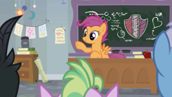 Size: 1920x1080 | Tagged: safe, imported from derpibooru, screencap, scootaloo, griffon, hippogriff, pegasus, pony, the last problem, apple, chalkboard, classroom, discussion in the comments, female, food, mare, older, older scootaloo, raised hoof, scroll, small wings, wings